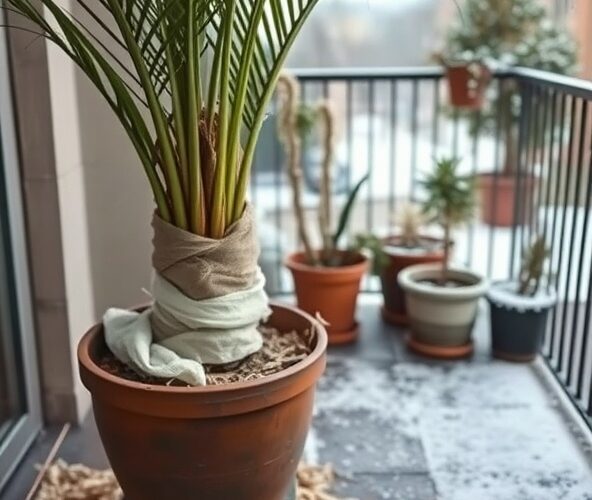 Jak zimować w donicy palmę mrozoodporną Trachycarpus fortunei na nieogrzewanym balkonie, żeby nie zmarzły korzenie i liście?
